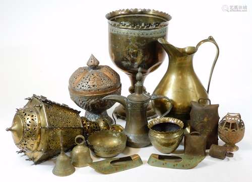 A group of Indian brass and copper wares, including lantern, coffee pot, etc.