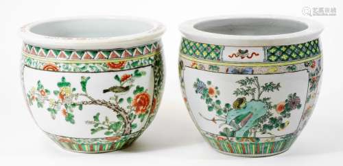 A pair of Chinese famile vert porcelain jardinieres, with panels of birds, peonies and blossom