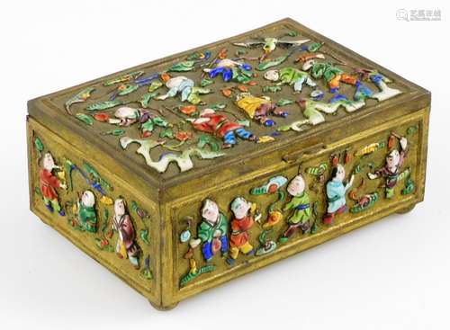 A Chinese polychrome enamel decorated gilt brass box, with lining, 13cm wide.