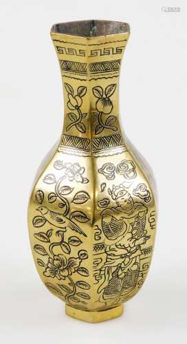 A Chinese bronze hexagonal vase, incised with diets, flowers, figures and birds, 19thC