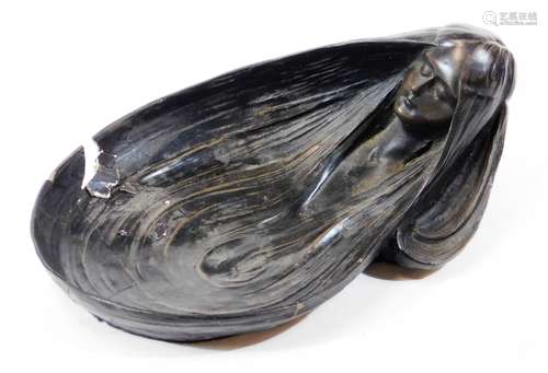 A 20thC Jugendstil pottery Art Nouveau pin dish, in a bronze finish with a figural handle formed