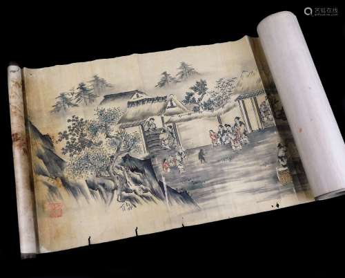 A long Chinese scroll painting with figures, animals, mountains, hills, boats and streams all