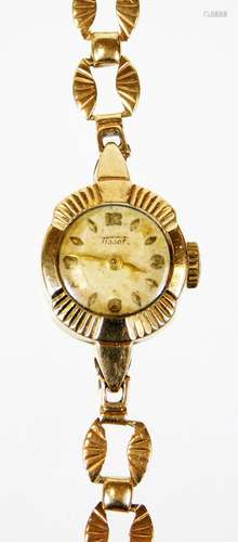 A Tissot 9ct gold ladies wristwatch, with small circular cream dial in 9ct gold casing, on a similar