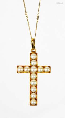 A pearl crucfix pendant and chain, the crucifix set with large cultured pearls, in unmakred yellow