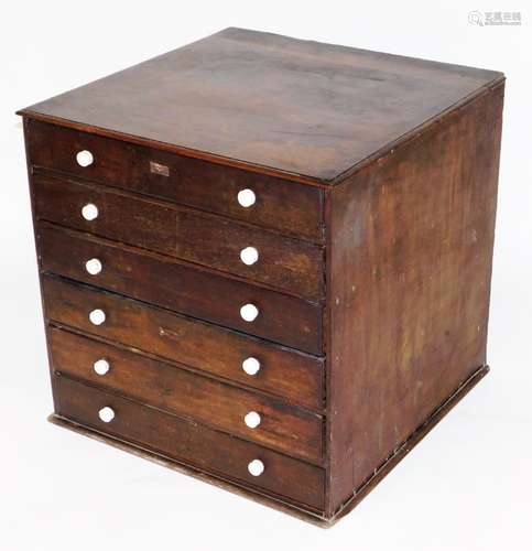 A 19thC mahogany six drawer specimen cabinet, of square form set with various empty boxes, on a