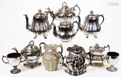 A collection of Victorian silver lustre pottery, comprising seven teapots, two goblets and a jug. (