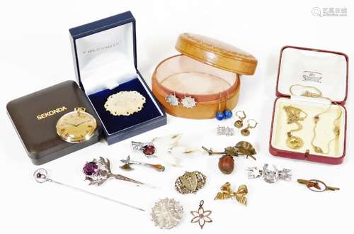 A selection of Victorian and later costume jewellery, comprising a circular silver brooch, set