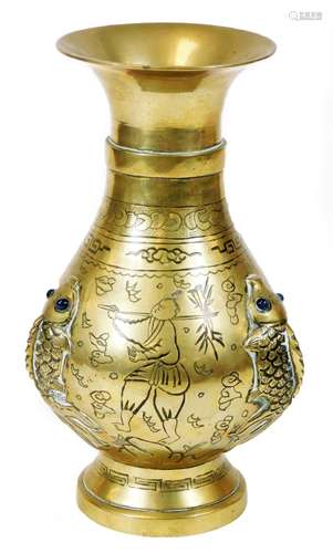 A Chinese polished bronze baluster vase, with three Shubunkin fish in relief, having blue glass eyes