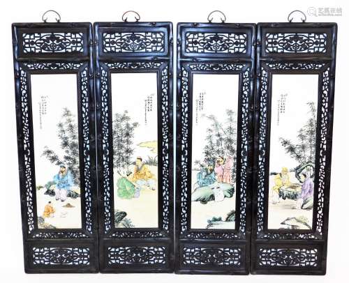 20thC Chinese School. Four panels set with figure reading to child before trees, etc., in heavily