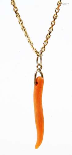 A coral pendant necklace and chain, with single coral stem pendant, on a fine link chain, yellow