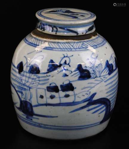 A Chinese blue and white pottery ginger jar and cover, the body decorated with buildings in landscap