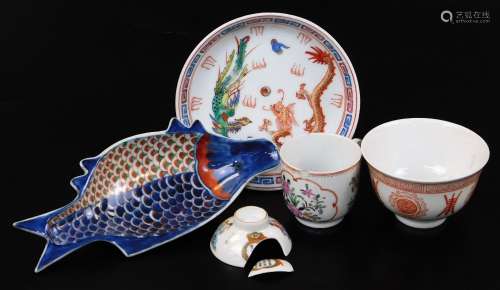 Various oriental pottery porcelain, etc., open fish dish with six character mark, 21cm wide, tea