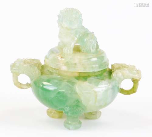 A Chinese green quartz tripod incense burner and cover, with decorative dog of fo finial, shaped