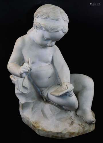 A 19thC marble figure of a seated putti, holding quill and book, wearing headband, on a rock work