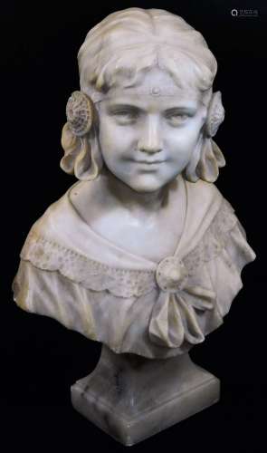 WITHDRAWN PRE-SALEA Del Perugia (Italian, fl. circa 1900). An alabaster bust of a girl in flowing