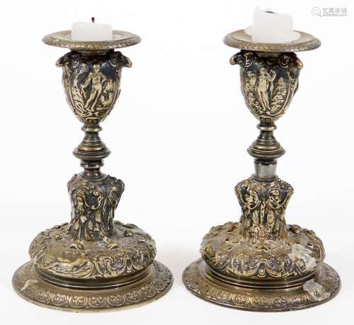 A pair of Elkington electroplate candlesticks, model 415, cast with female figures and C scrolls,