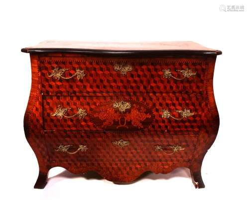 A 19thC Dutch marquetry and parquetry ground bombe commode, the serpentine top having a rosewood