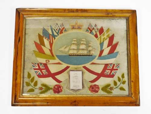A 19thC sailor's wool work picture, depicting a stump work clipper ship, in an oval surround with