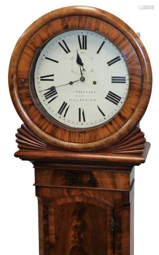 An early Victorian flame mahogany tavern type drop dial wall clock, with circular bezel and