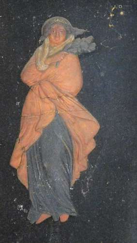 A Victorian wax portrait figure, of a lady in robes with flowers, 13cm high, (AF), in an ebonised