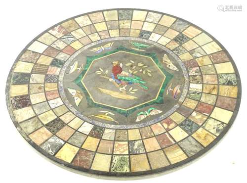 A fine quality 19thC Italian pietra dura and specimen marble table top, decorated centrally with a