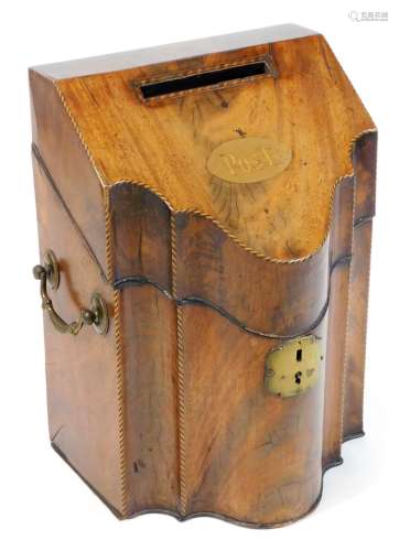 A George III flame mahogany postal box, converted from a Sheraton knife box, inlaid POST, 32cm high,