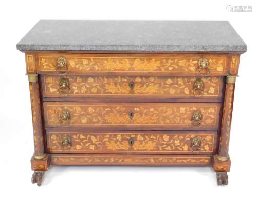 An early 19thC Dutch walnut marquetry commode, with marble top over four drawers with lion mask ring