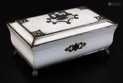 A late 19thC jewellery casket, of rectangular form with metal mounts, the hinged lid with mirrored