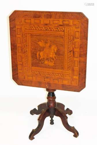 A late 19thC Sorrento mahogany and parquetry inlaid snap top table, the canted top centred by St