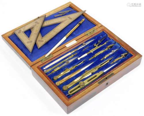 A late Victorian rosewood cased technical drawing or geometry set, containing finely engineered