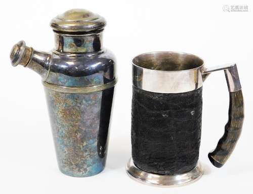 A tankard, of cylindrical form, with metal mounts, horn handle and textured body, marked SPC, 15cm