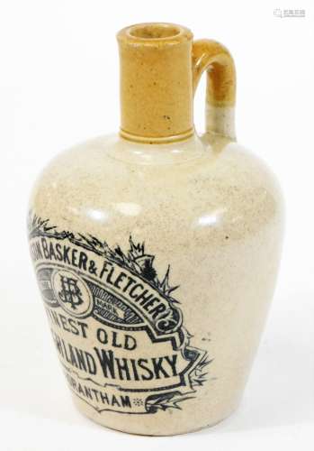 A rare Lincolnshire stoneware Whisky flagon, trade marked for Johnson Basker & Fletcher, Finest