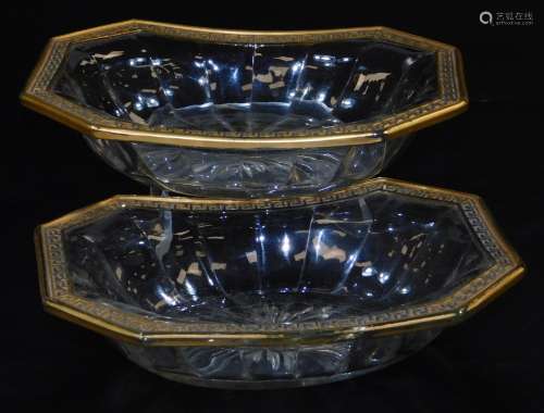 A pair of early 20thC Hermes style glass dishes, each of octagonal form, with an outer gilt Greek