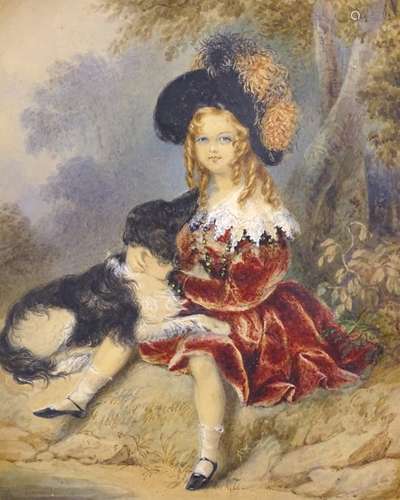 Emily Scott (act.1826-1860). Portrait of a young girl sitting with a dog, watercolour, signed, 35.