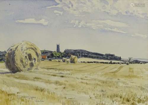 •John Cox (20thC British). A view of fields near Blakeney Norfolk, with hay bales, watercolour,