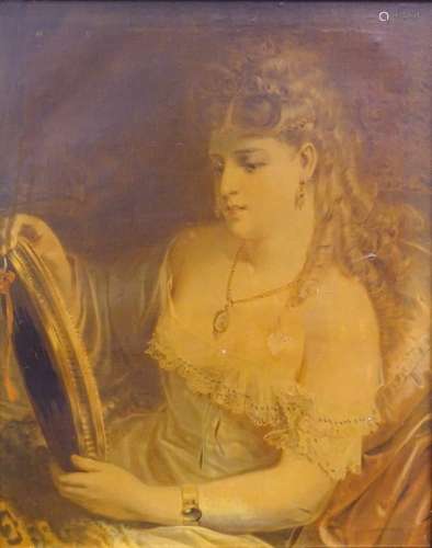 19thC School. Portrait of a young maiden with a mirror, oil on canvas, 71cm x 56.5cm.