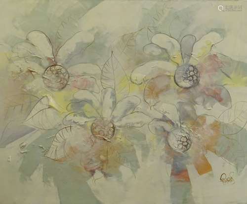 •20thC School. Floral Study, oil on canvas, indistinctly signed, 101 x 127cm.