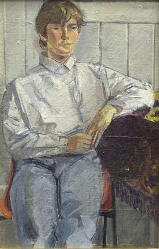 •Alf Ludlam (1941-2018). Seated figure in a white shirt, oil on canvas laid on board, signed,