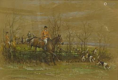 •John Sanderson Wells (1872-1955). Huntsmen and hounds taking a hedge and huntsmen and hounds