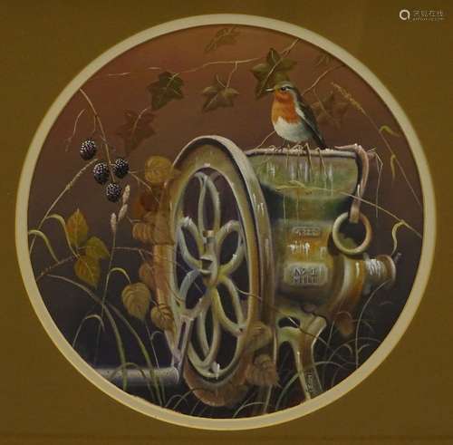 •David Waller (b.1945). The hand grinder and robin, oil on canvas, initialled, dated, (19)92, titled