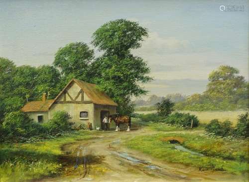 •Kevin March (b.1961). Farmstead with farmer and horse, oil on canvas, signed, 29cm x 39.5cm.