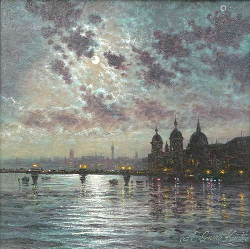 •Andrew Grant Kurtis (19thC/20thC). Moonlight Sparkle across the Thames, 2009, oil on board,