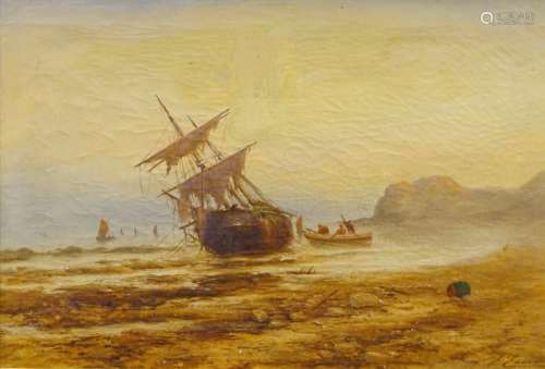J. Edmonds (?)(19thC). Masted fishing boat in low tide, oil on canvas, indistinctly signed, 40cm x