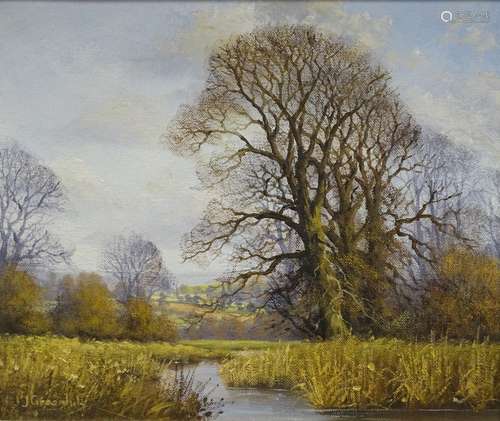 •J. Greenhill (20thC). River landscape, oil on canvas, signed, 24cm x 29cm. Label verso The Roy