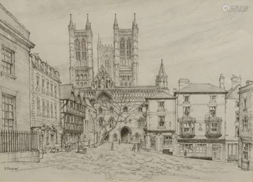 •B. Raynor (20thC). Lincoln Castle Square, drawing, signed, 28.5cm x 39cm.