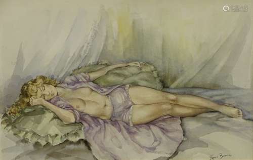 •Francis A. Boxall (20thC). Gillian reclining in mauve watercolour, signed and titled verso, 33cm