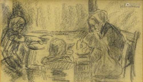 M. Lieberman. Family eating at table, 'MAHWZEIT', charcoal and pencil on paper, 10cm x 17cm