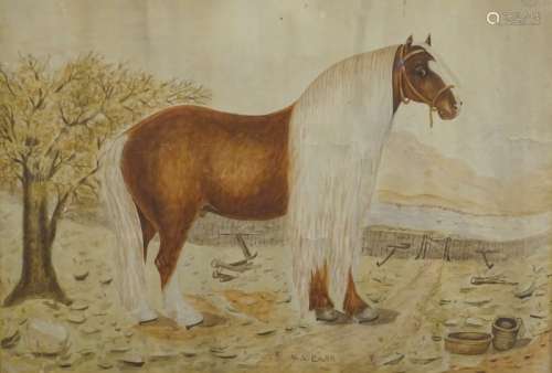 M.N. Carr (19thC). Bob the massive Brigg Bargehorse, watercolour, signed, titled on mount, 52cm x