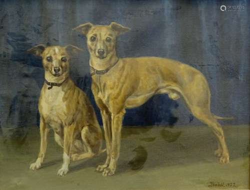 J. Heibol (19thC/20thC). Study of two whippets, oil on canvas, signed and dated 1927, 55cm x 72cm.