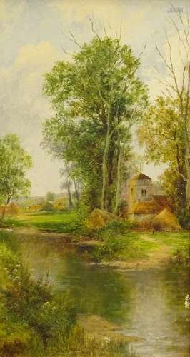 Henry Ryland (1856-1924). Country river scene with church, oil on board, signed, 45cm x 25cm.